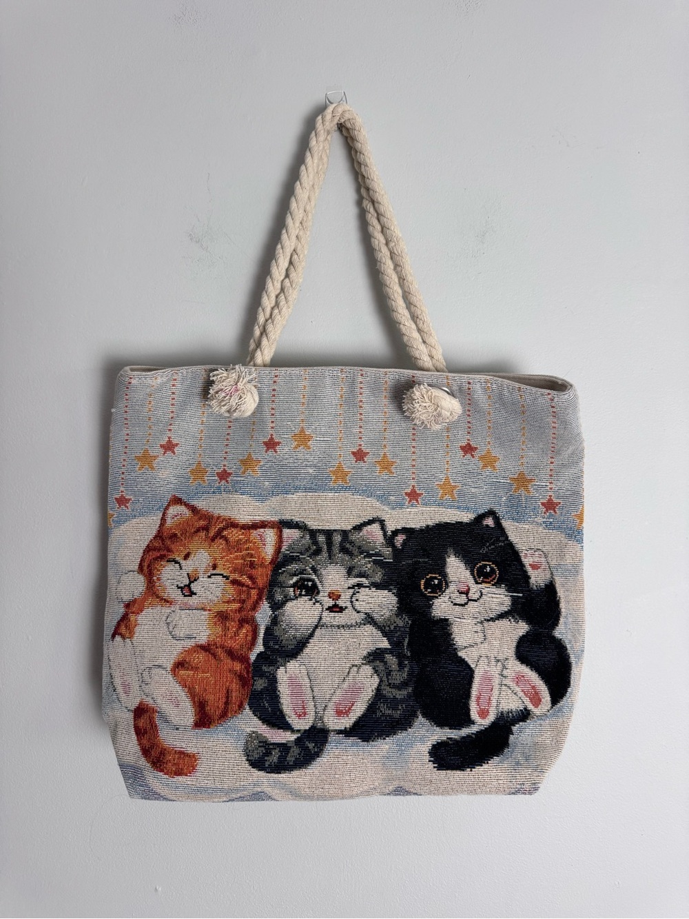 Cute Trio Cat Tote Bag - Cream with Multicolor Kittens new